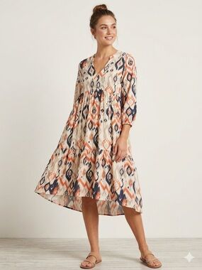 MEXX Ivory Ikat V-Neck Tiered Midi Dress with Coral and Navy Small